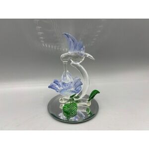 Art Glass Hummingbird on Flower Figurine on Mirrored Base Display Decor‎